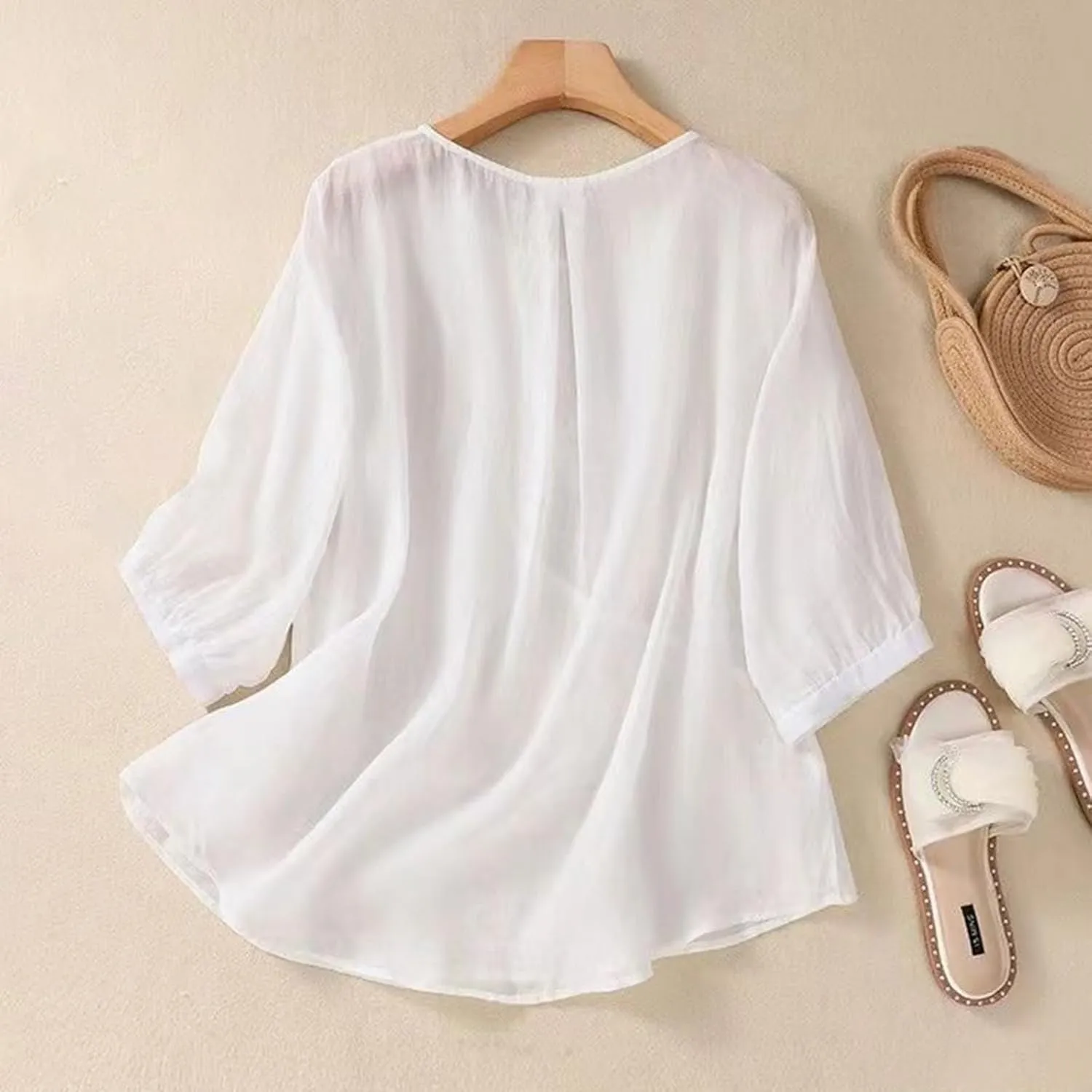 Linen Shirts for Women Summer Flowy Embroidered Cotton Peasant Tops 2025 Elbow Sleeve Cute Boho Tunic Dressy Tops