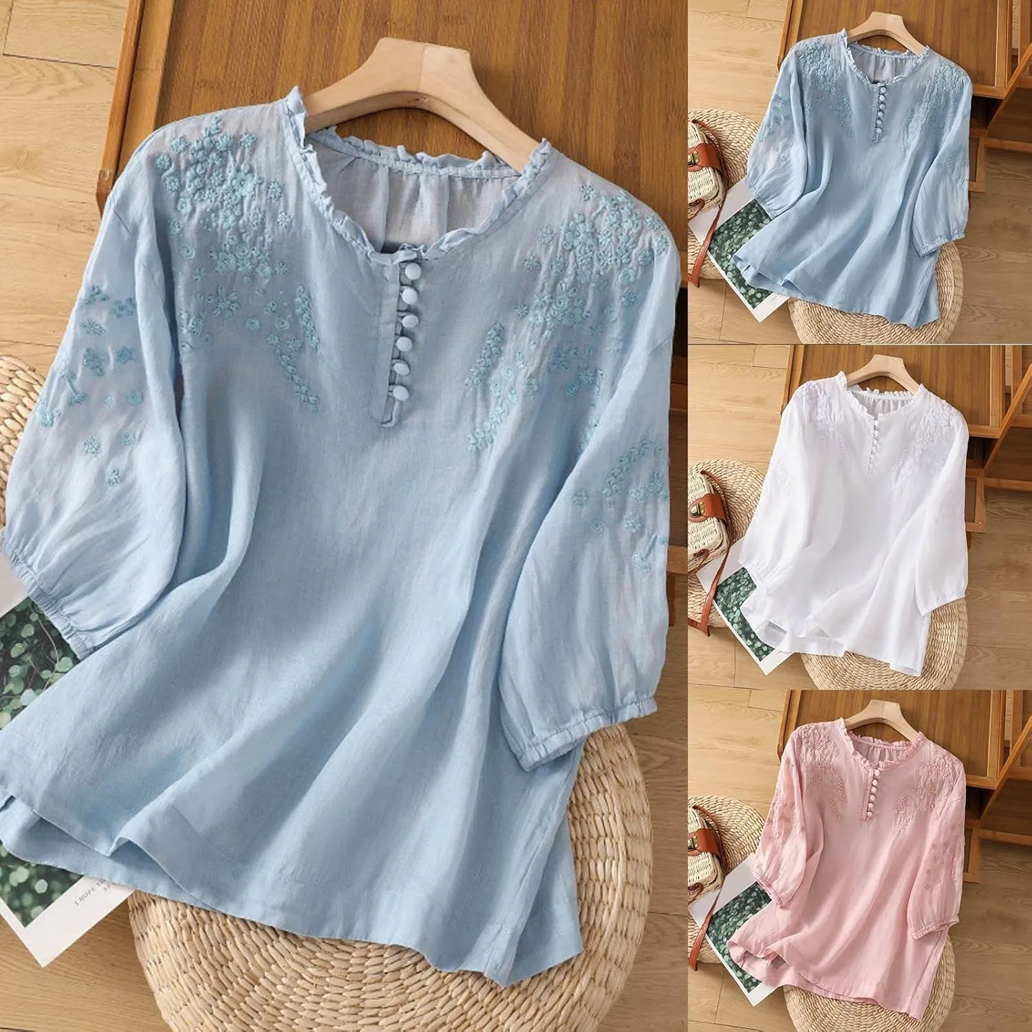 Linen Shirts for Women Summer Flowy Embroidered Cotton Peasant Tops 2025 Elbow Sleeve Cute Boho Tunic Dressy Tops