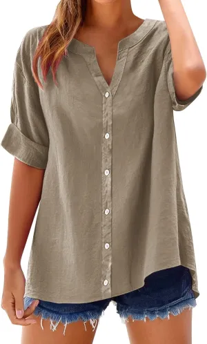 Linen Tops for Women Button Down Sleeveless V Neck Loose Fit Shirts Summer Casual Plus Size Lightweight Blouses