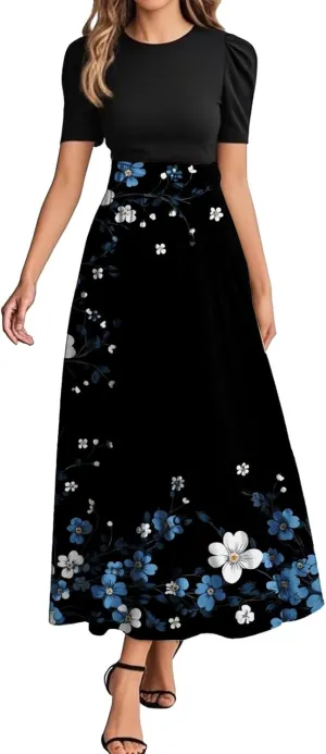 Long Floral Dresses for Women 2025 Elegant Tie Belted Patchwork Dress Empire Waist Short Sleeve Flowy Maxi Dress