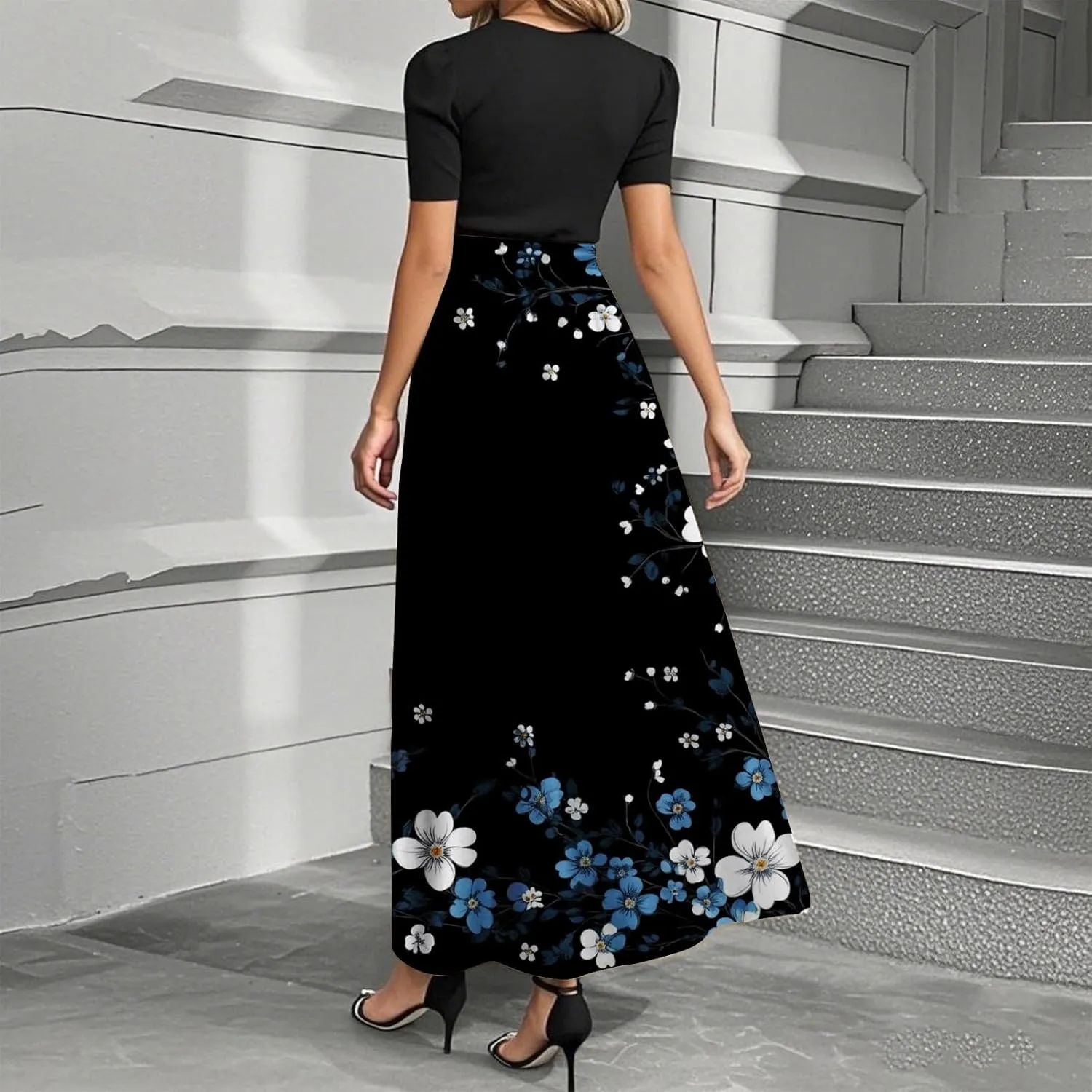 Long Floral Dresses for Women 2025 Elegant Tie Belted Patchwork Dress Empire Waist Short Sleeve Flowy Maxi Dress