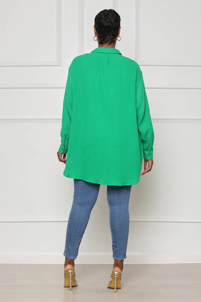 Long Sleeve Linen Button Down Top (Green)- FINAL SALE