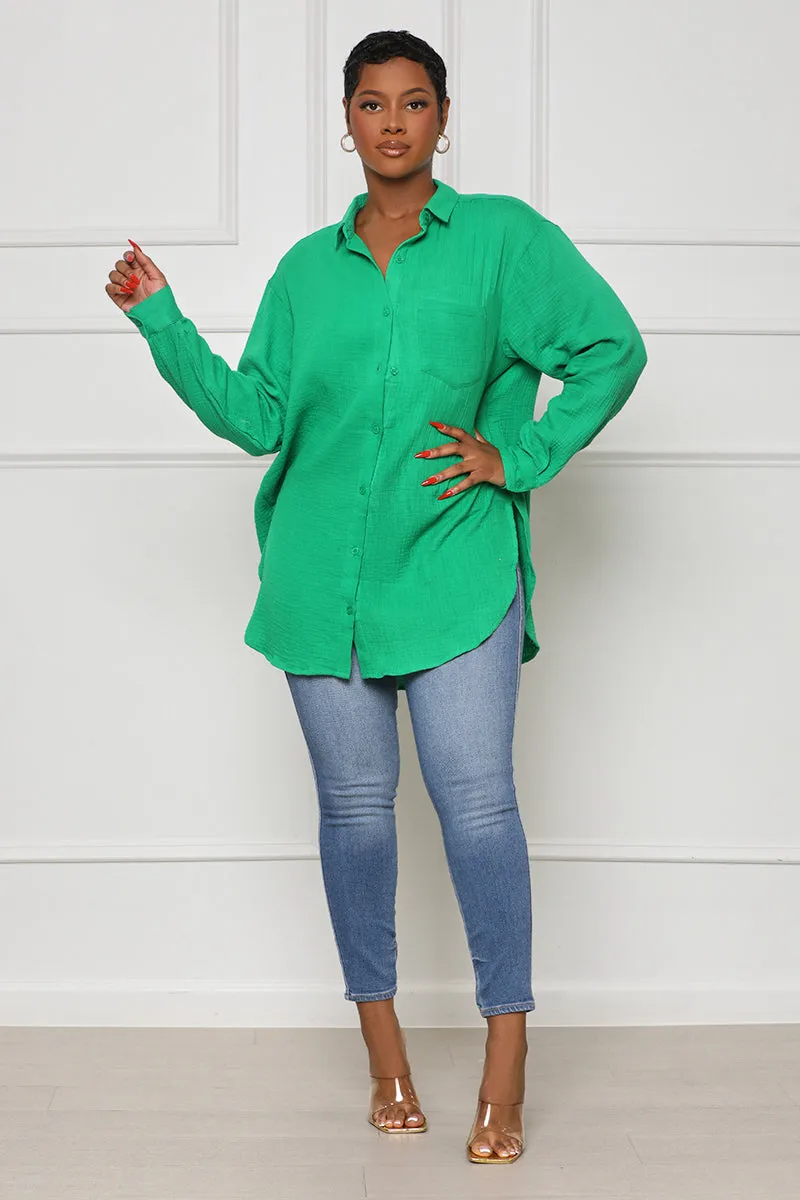 Long Sleeve Linen Button Down Top (Green)- FINAL SALE