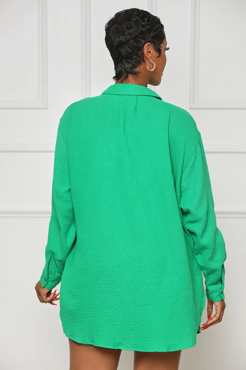 Long Sleeve Linen Button Down Top (Green)- FINAL SALE