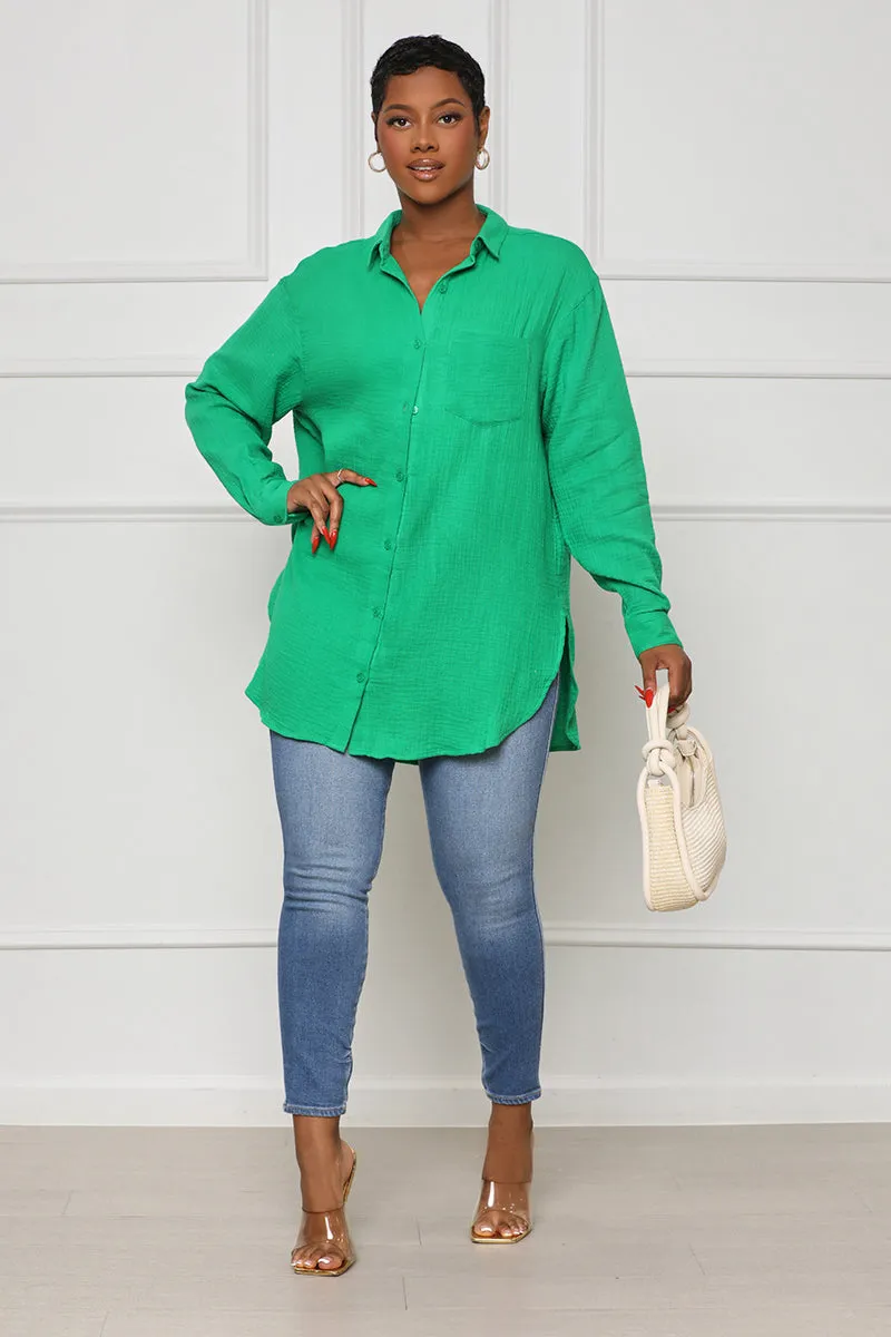 Long Sleeve Linen Button Down Top (Green)- FINAL SALE
