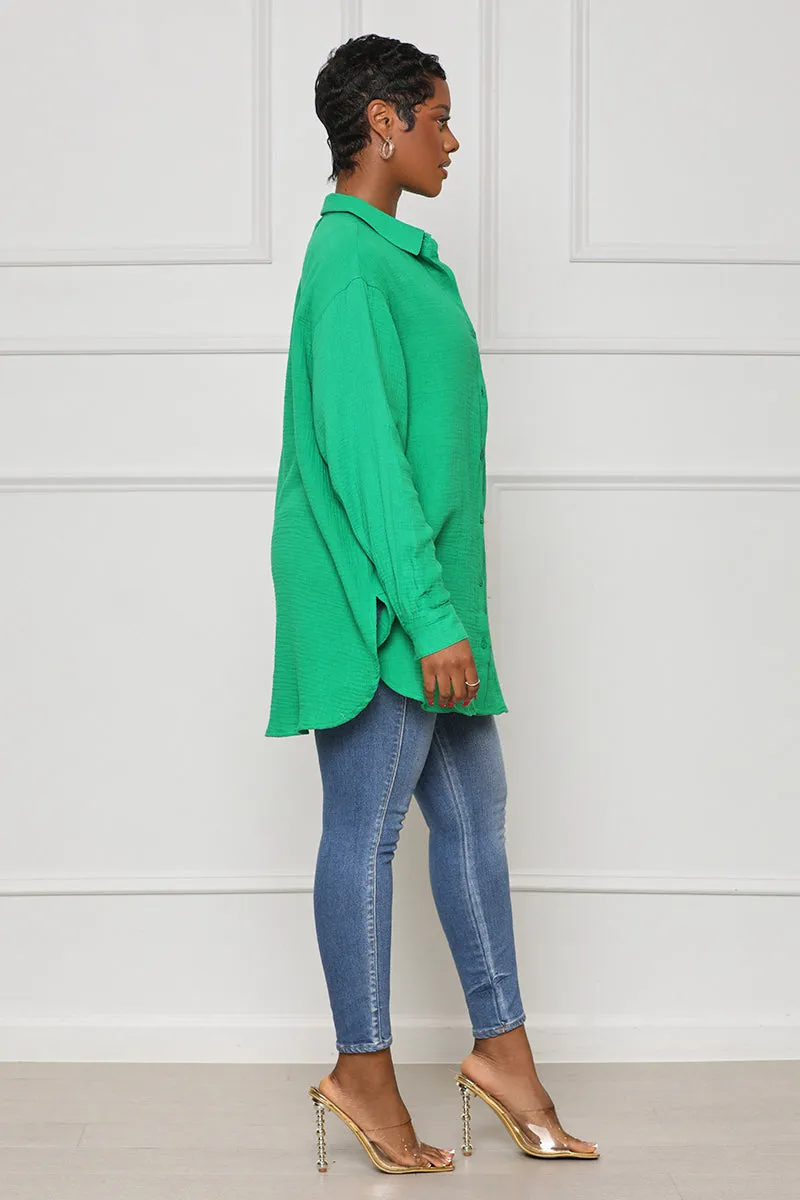 Long Sleeve Linen Button Down Top (Green)- FINAL SALE