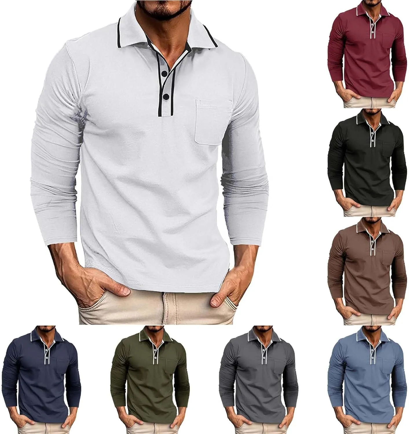Mens 3 Button Polo Shirts Long Sleeve Cotton Collared Golf Tops Moisture Wicking Performance Athletic Shirts Workwear