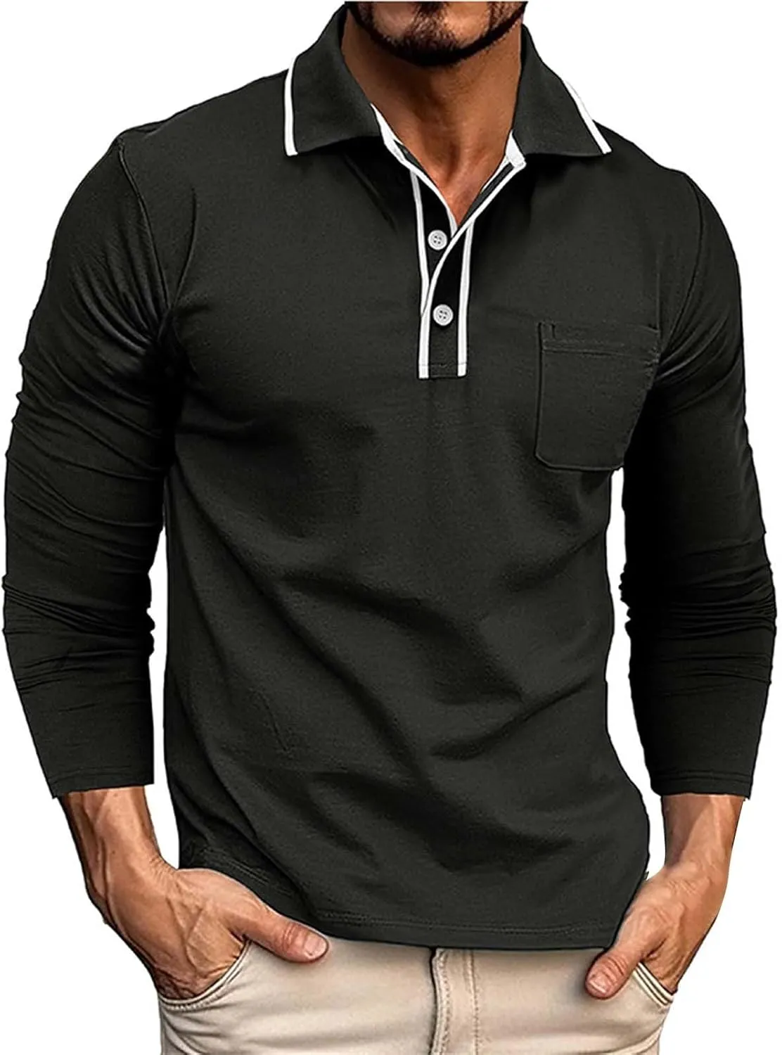 Mens 3 Button Polo Shirts Long Sleeve Cotton Collared Golf Tops Moisture Wicking Performance Athletic Shirts Workwear