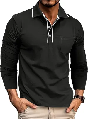 Mens 3 Button Polo Shirts Long Sleeve Cotton Collared Golf Tops Moisture Wicking Performance Athletic Shirts Workwear