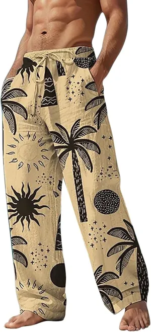 Mens Linen Beach Pants Big and Tall Casual Lounge Drawstring Vacation Print Pants with Pockets Lightweight Trousers