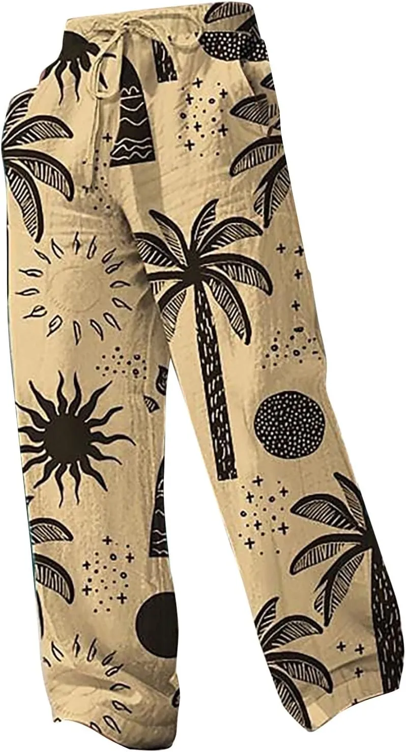 Mens Linen Beach Pants Big and Tall Casual Lounge Drawstring Vacation Print Pants with Pockets Lightweight Trousers