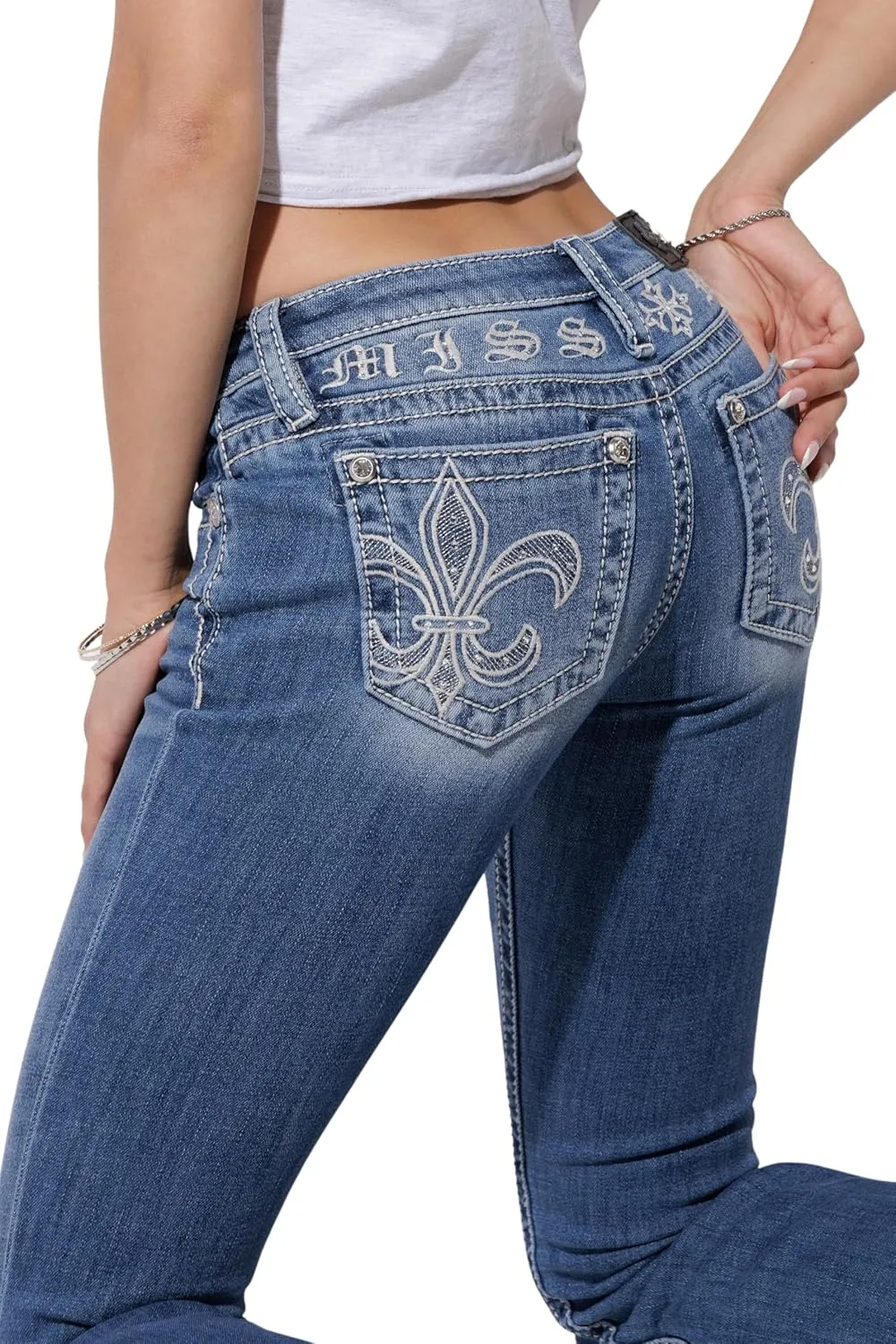 Miss Me Women's Can't Fleur De Lis Stitch Low-Rise Bootcut Jeans