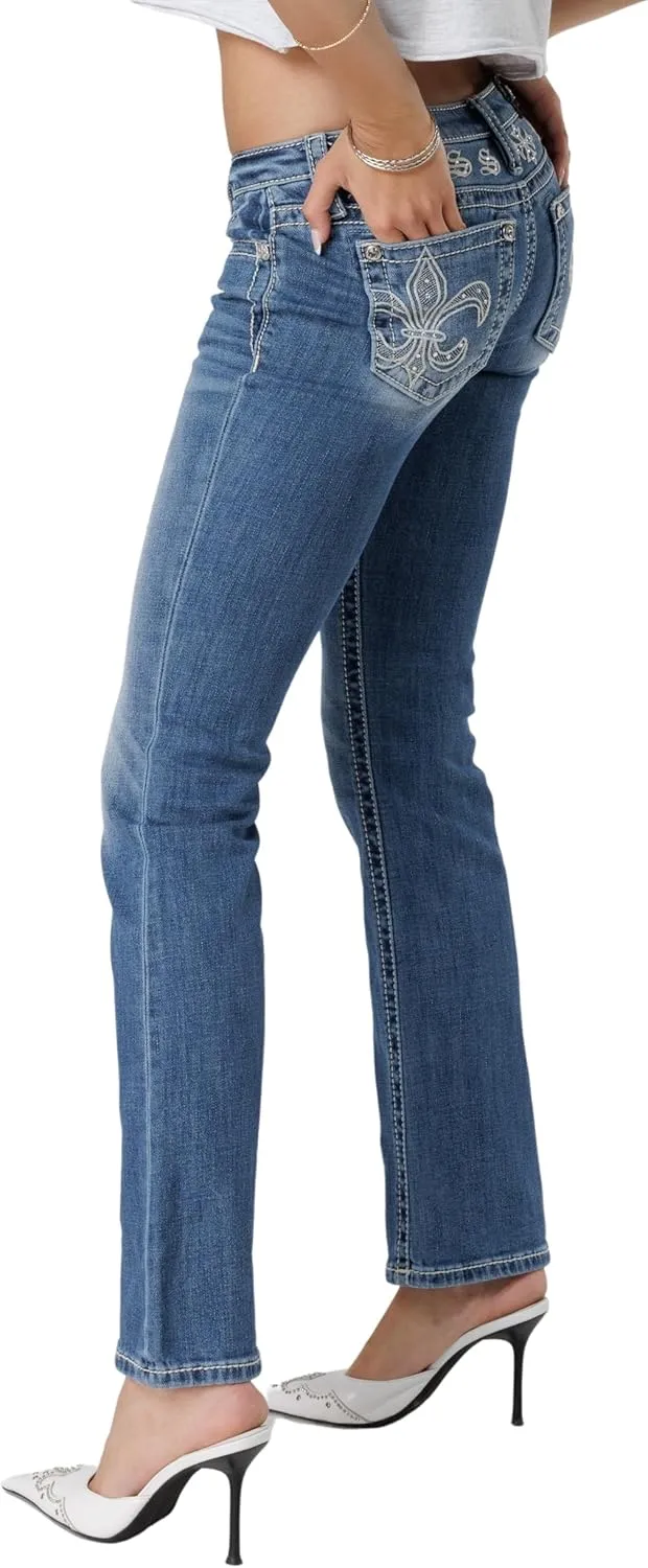 Miss Me Women's Can't Fleur De Lis Stitch Low-Rise Bootcut Jeans