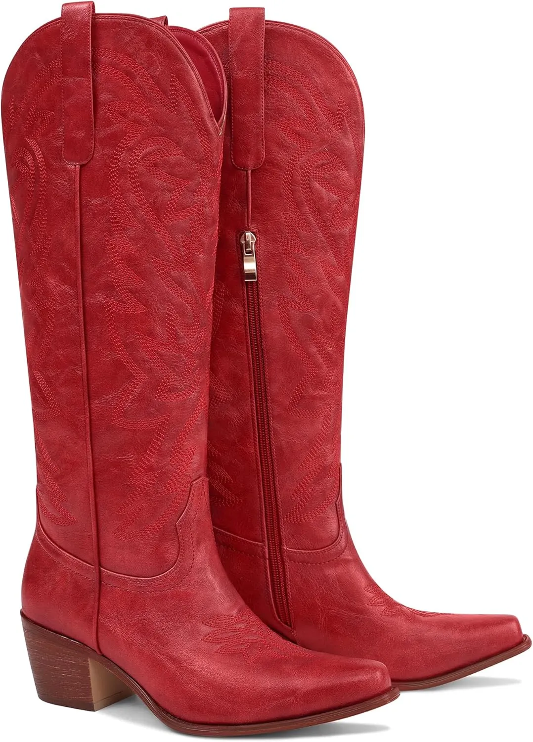 Ouepiano Cowboy Boots for Women Cowgirl Knee High Boots with Classic Embroidered Pull On & Side Zipper Pointed Toe Chunky Heel Vintage Country Western Wide Calf Botas