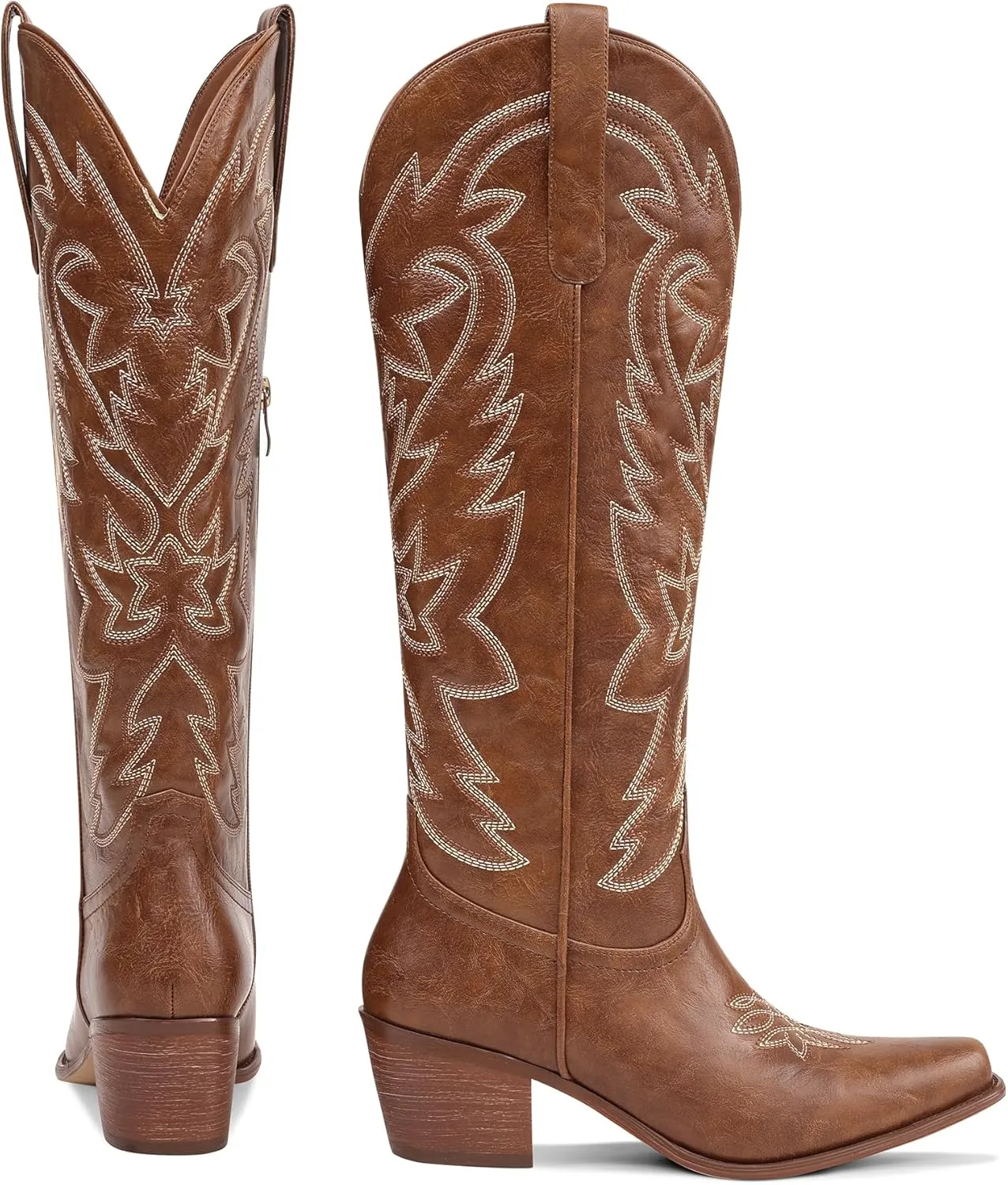 Ouepiano Cowboy Boots for Women Cowgirl Knee High Boots with Classic Embroidered Pull On & Side Zipper Pointed Toe Chunky Heel Vintage Country Western Wide Calf Botas