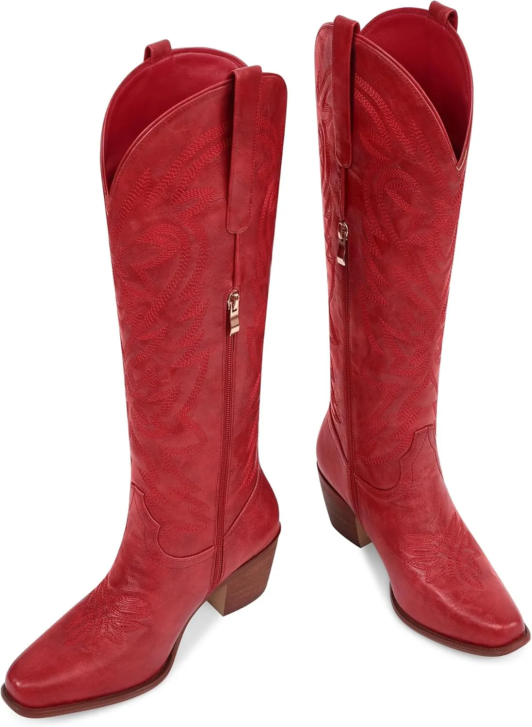 Ouepiano Cowboy Boots for Women Cowgirl Knee High Boots with Classic Embroidered Pull On & Side Zipper Pointed Toe Chunky Heel Vintage Country Western Wide Calf Botas