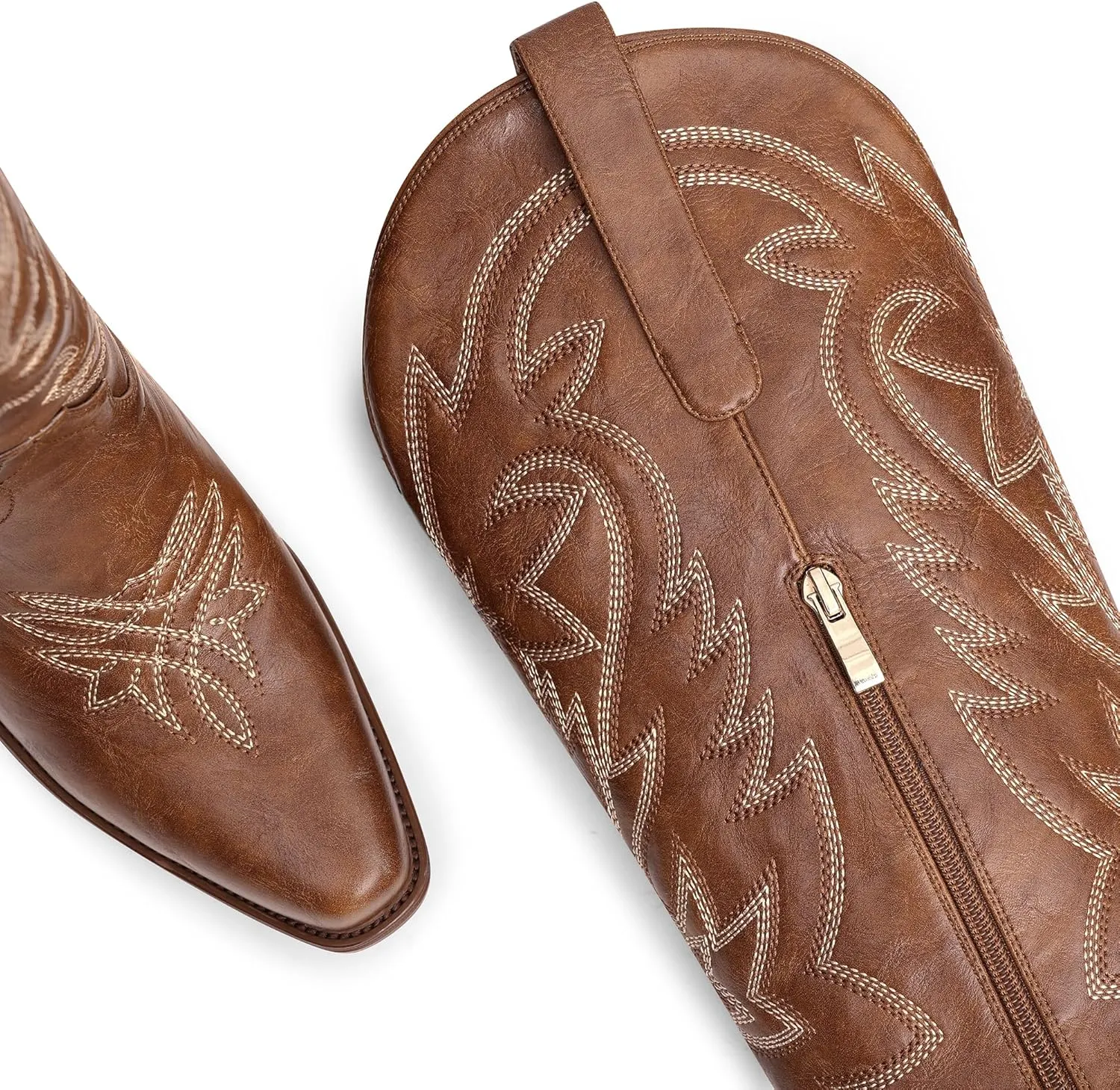 Ouepiano Cowboy Boots for Women Cowgirl Knee High Boots with Classic Embroidered Pull On & Side Zipper Pointed Toe Chunky Heel Vintage Country Western Wide Calf Botas