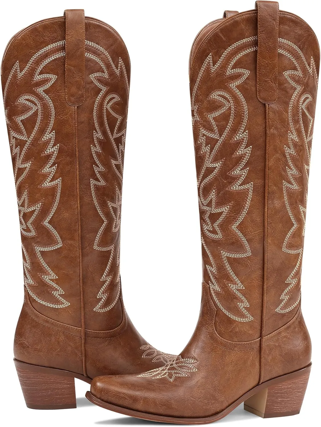 Ouepiano Cowboy Boots for Women Cowgirl Knee High Boots with Classic Embroidered Pull On & Side Zipper Pointed Toe Chunky Heel Vintage Country Western Wide Calf Botas