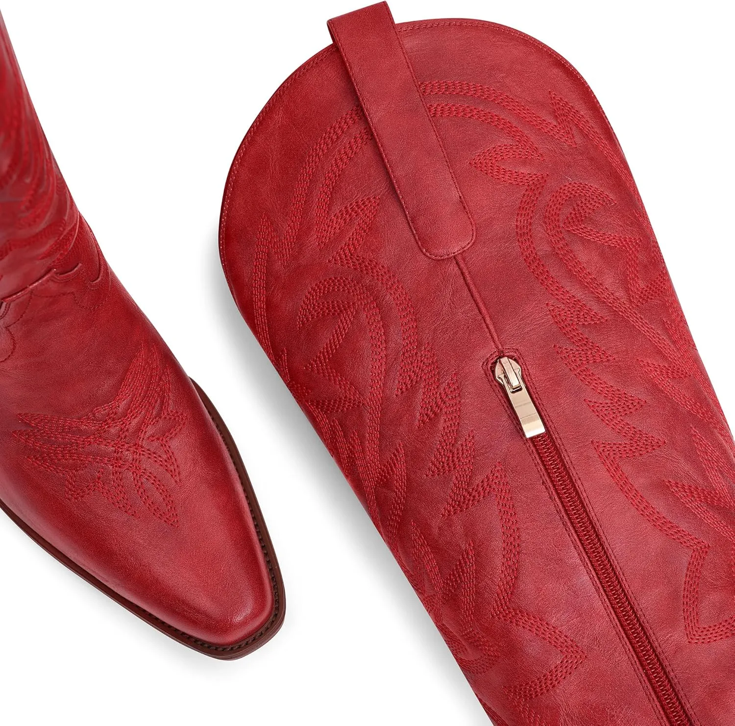 Ouepiano Cowboy Boots for Women Cowgirl Knee High Boots with Classic Embroidered Pull On & Side Zipper Pointed Toe Chunky Heel Vintage Country Western Wide Calf Botas