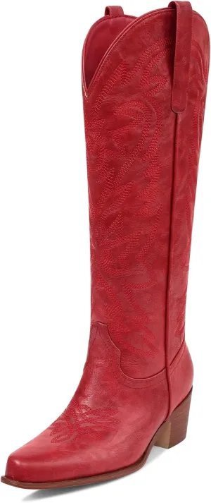 Ouepiano Cowboy Boots for Women Cowgirl Knee High Boots with Classic Embroidered Pull On & Side Zipper Pointed Toe Chunky Heel Vintage Country Western Wide Calf Botas