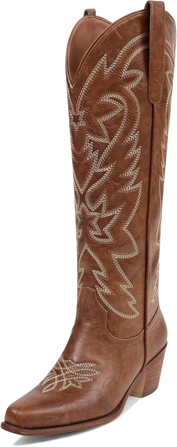 Ouepiano Cowboy Boots for Women Cowgirl Knee High Boots with Classic Embroidered Pull On & Side Zipper Pointed Toe Chunky Heel Vintage Country Western Wide Calf Botas