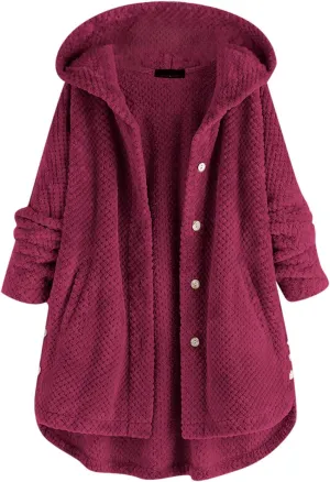 PeQAQ Women's 2023 Winter Sweater Coat Plus Size Warm Soft Fleece Jackets Button Patchwork Hooded Fuzzy Windbreaker Overcoat