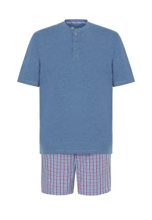 Pijama Hombre Verano Corto Tapeta Algodón Punto Liso Tela Cuadros - Azul 3603_30