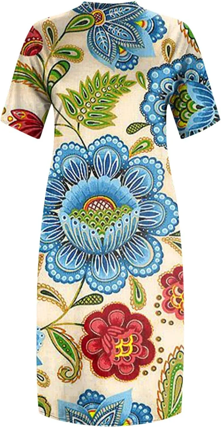 Plus Size Dresses for Curvy Women,2024 Summer Casual V Neck Short Sleeve T Shirt Dress with Pockets Daily Midi Dress