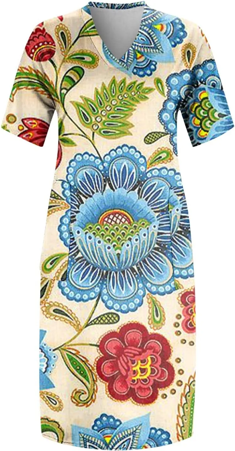 Plus Size Dresses for Curvy Women,2024 Summer Casual V Neck Short Sleeve T Shirt Dress with Pockets Daily Midi Dress