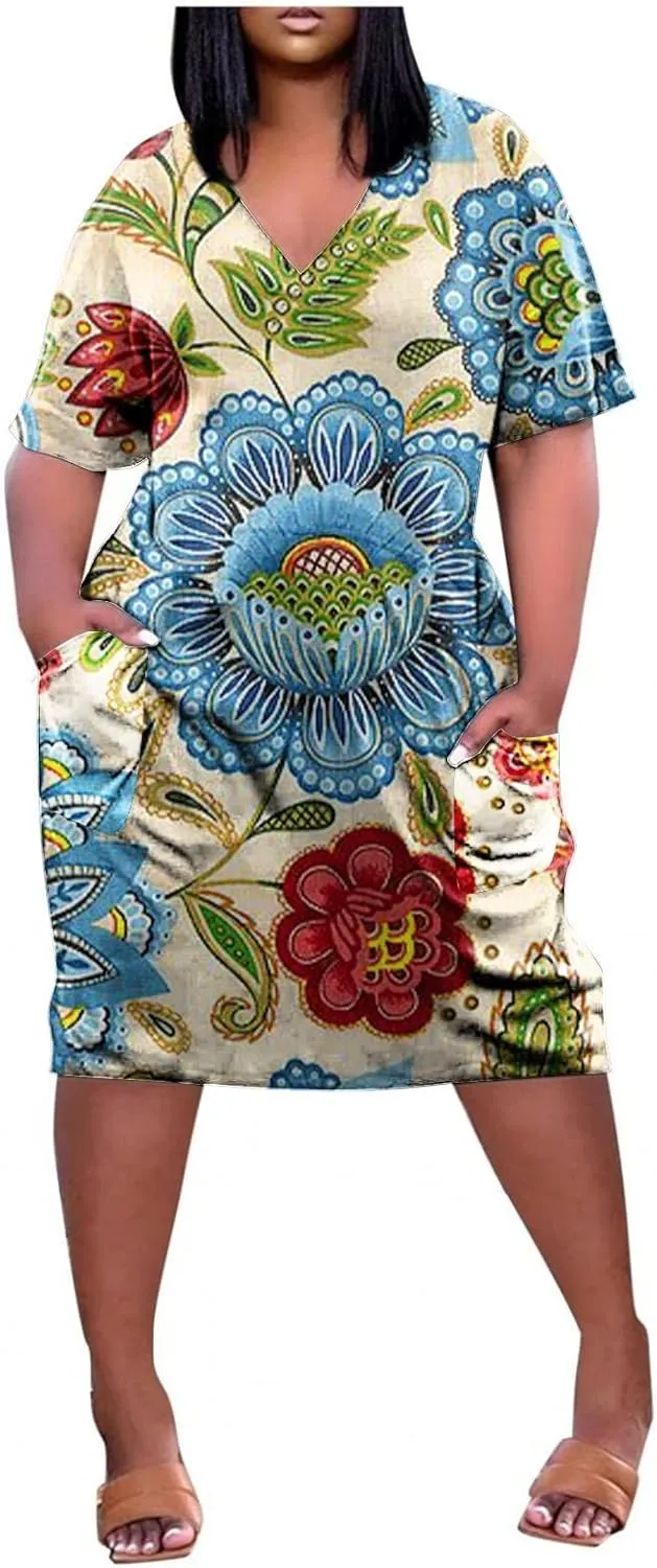 Plus Size Dresses for Curvy Women,2024 Summer Casual V Neck Short Sleeve T Shirt Dress with Pockets Daily Midi Dress