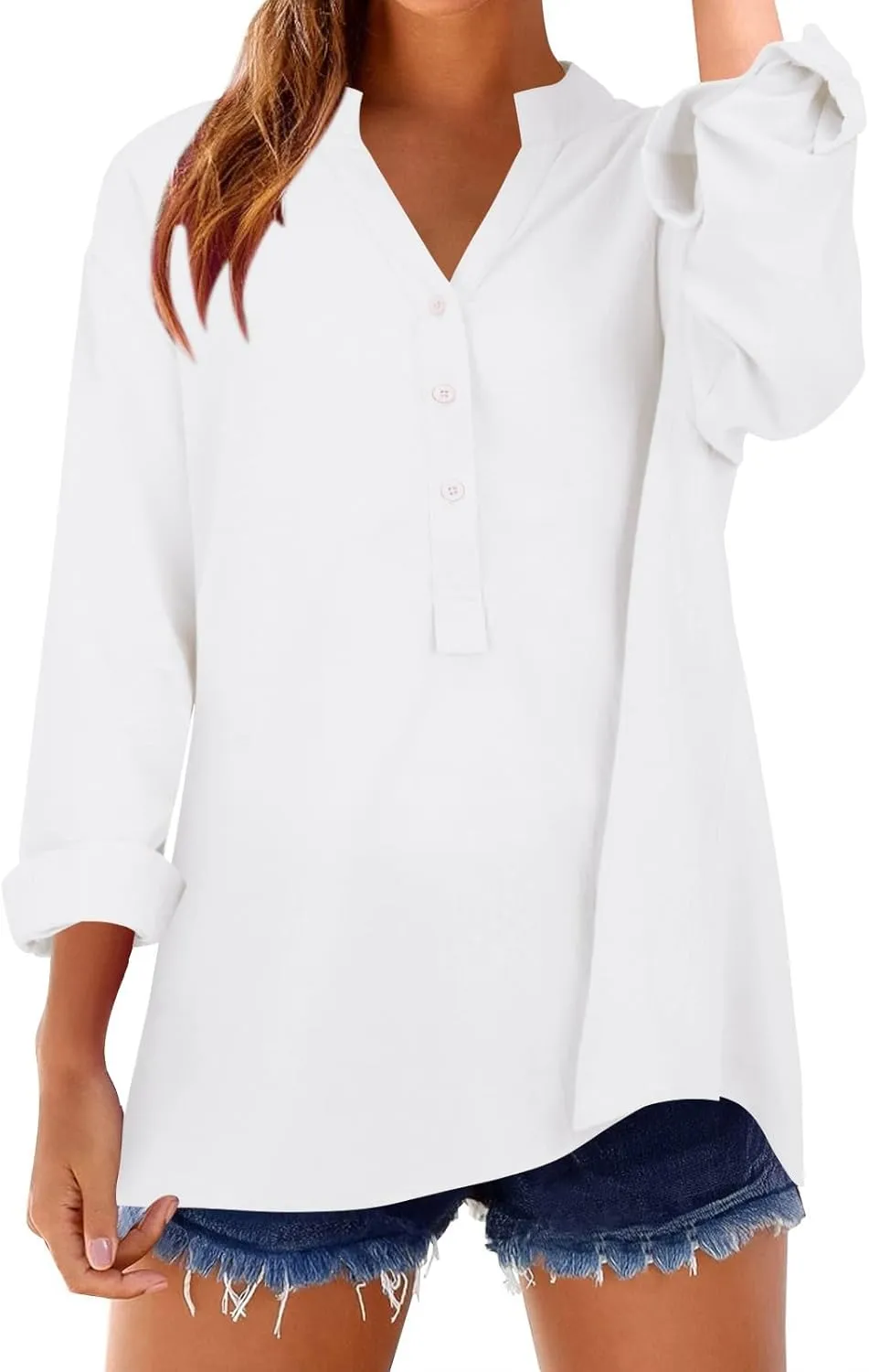Plus Size Linen Tops for Women V Neck Long Sleeve Button Down Shirts Office Work Blouse Summer Beach Vacation Tunics