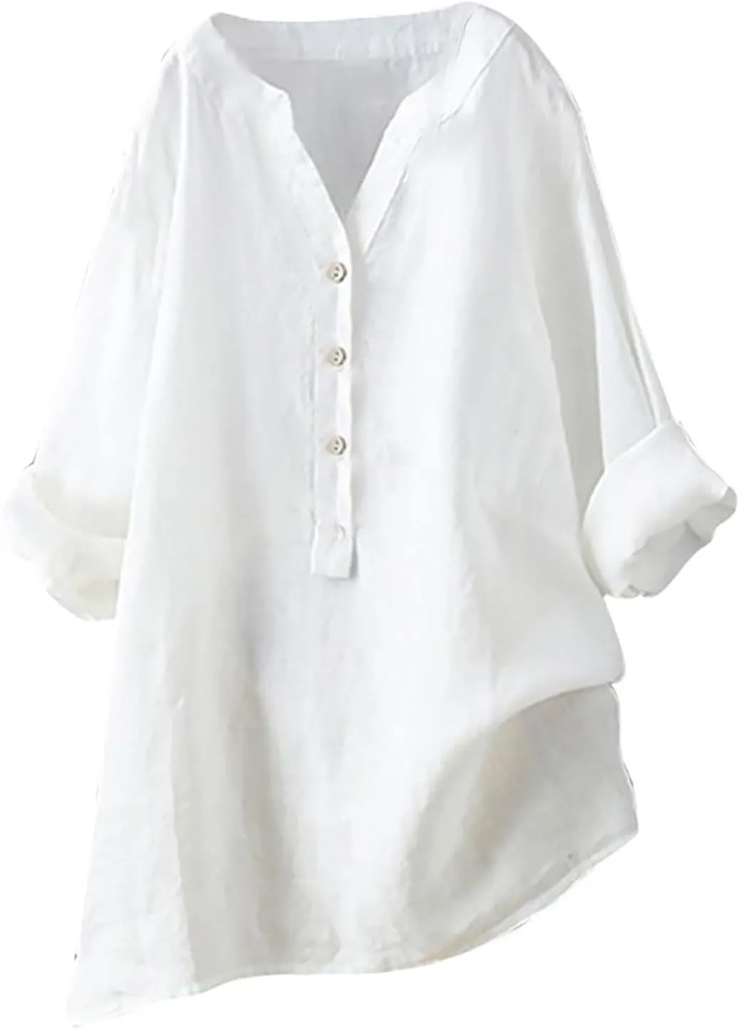 Plus Size Linen Tops for Women V Neck Long Sleeve Button Down Shirts Office Work Blouse Summer Beach Vacation Tunics