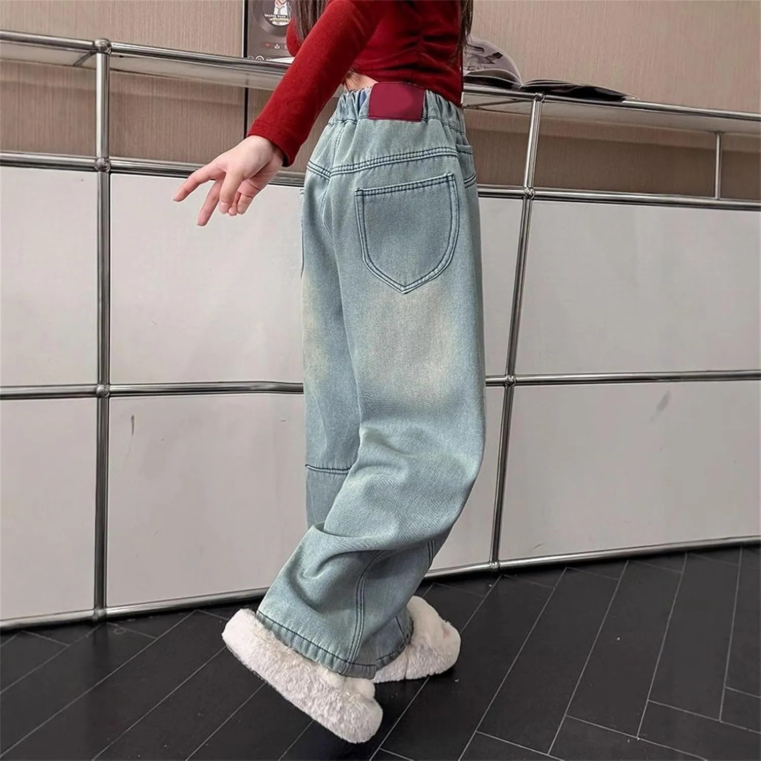 Retro Wide Leg Jeans Girls Baggy Straight Distressed Washed Trousers Elastic High Waist Vintage Denim Pants for Teen