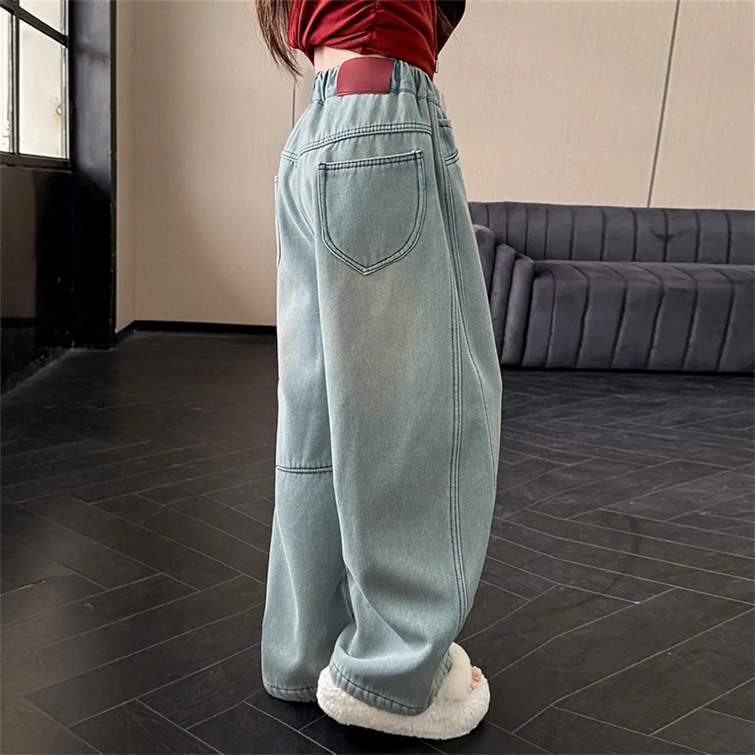 Retro Wide Leg Jeans Girls Baggy Straight Distressed Washed Trousers Elastic High Waist Vintage Denim Pants for Teen