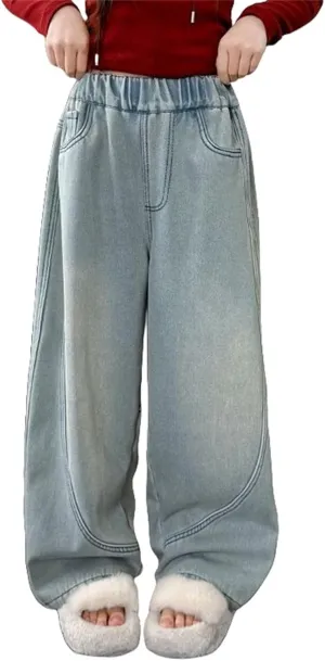 Retro Wide Leg Jeans Girls Baggy Straight Distressed Washed Trousers Elastic High Waist Vintage Denim Pants for Teen