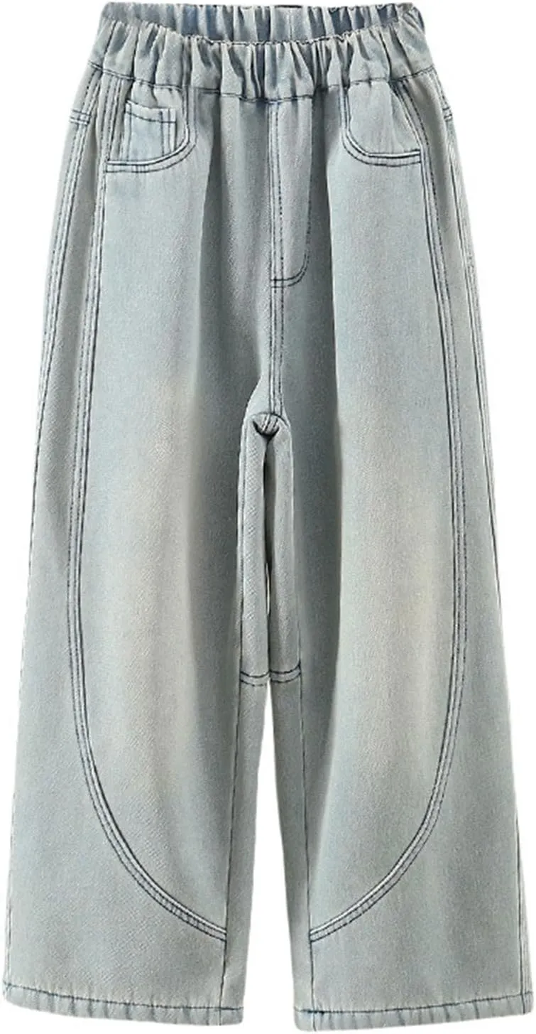 Retro Wide Leg Jeans Girls Baggy Straight Distressed Washed Trousers Elastic High Waist Vintage Denim Pants for Teen