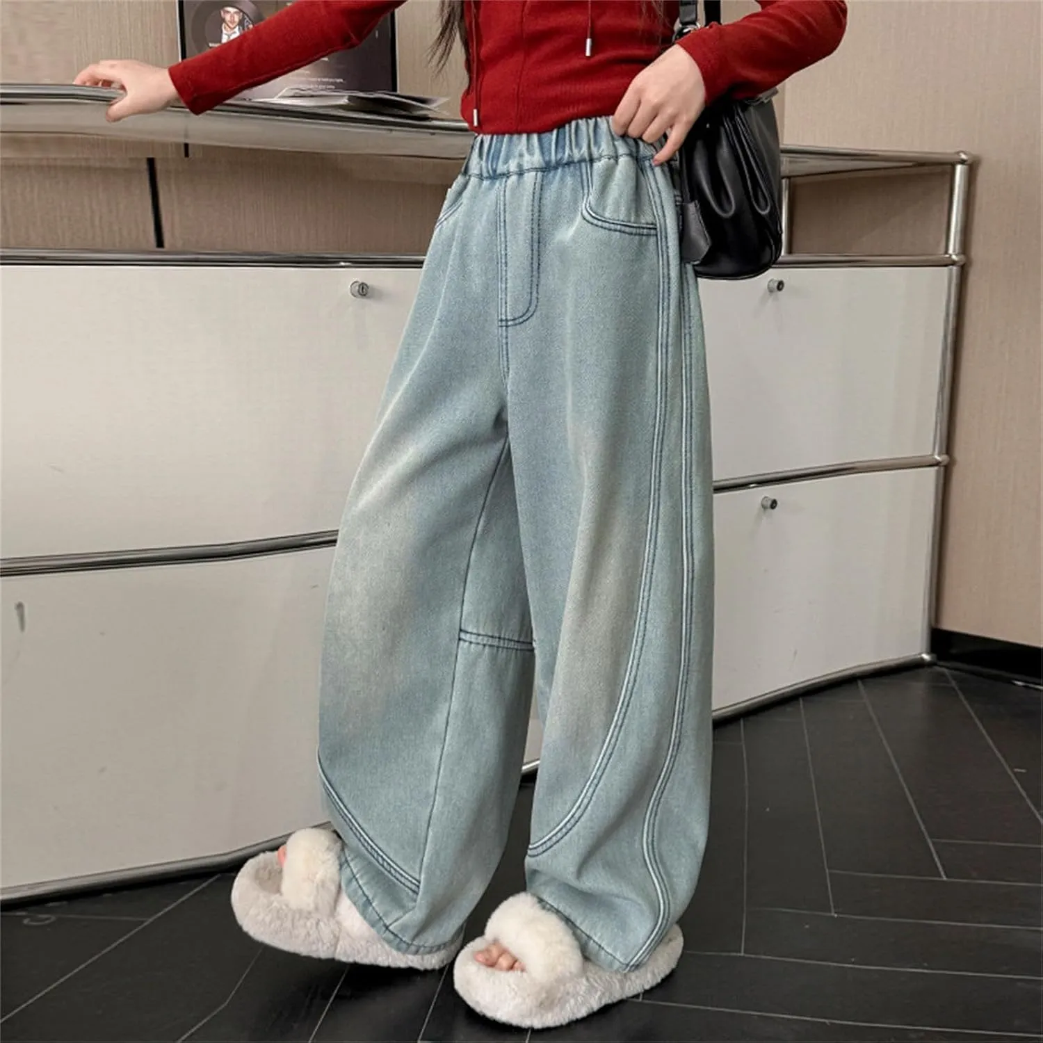 Retro Wide Leg Jeans Girls Baggy Straight Distressed Washed Trousers Elastic High Waist Vintage Denim Pants for Teen