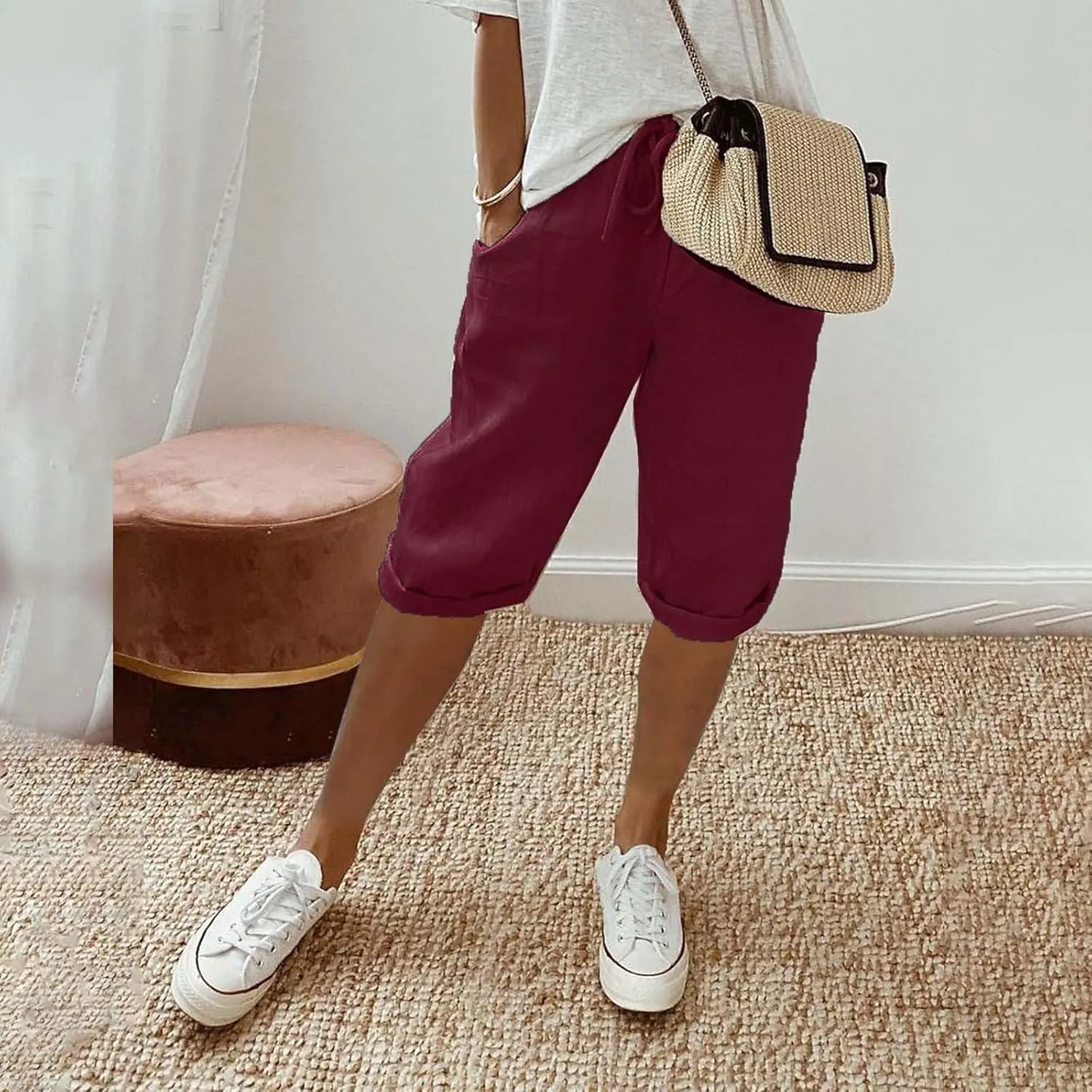 SHAOBGE Summer Pants for Women 2024 Women's Knee Length Short Pants Ladies Loose Drawstring Casual Trendy Pants