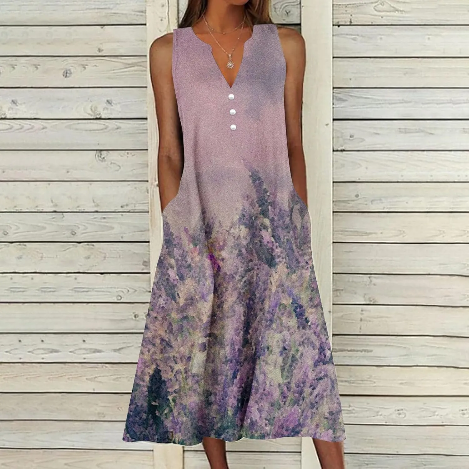 SMIDOW Womens Summer Casual Dress Fashion Floral Printed Elegant Sleeveless V-Neck Long Dress with Pockets