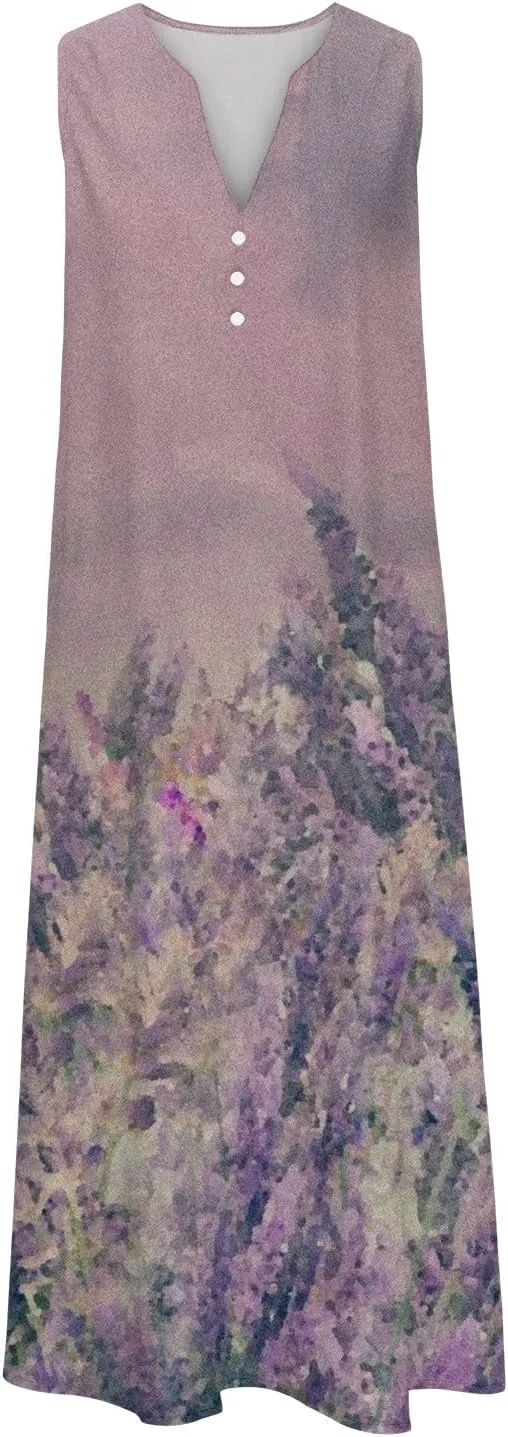 SMIDOW Womens Summer Casual Dress Fashion Floral Printed Elegant Sleeveless V-Neck Long Dress with Pockets