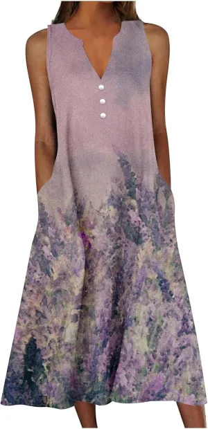 SMIDOW Womens Summer Casual Dress Fashion Floral Printed Elegant Sleeveless V-Neck Long Dress with Pockets