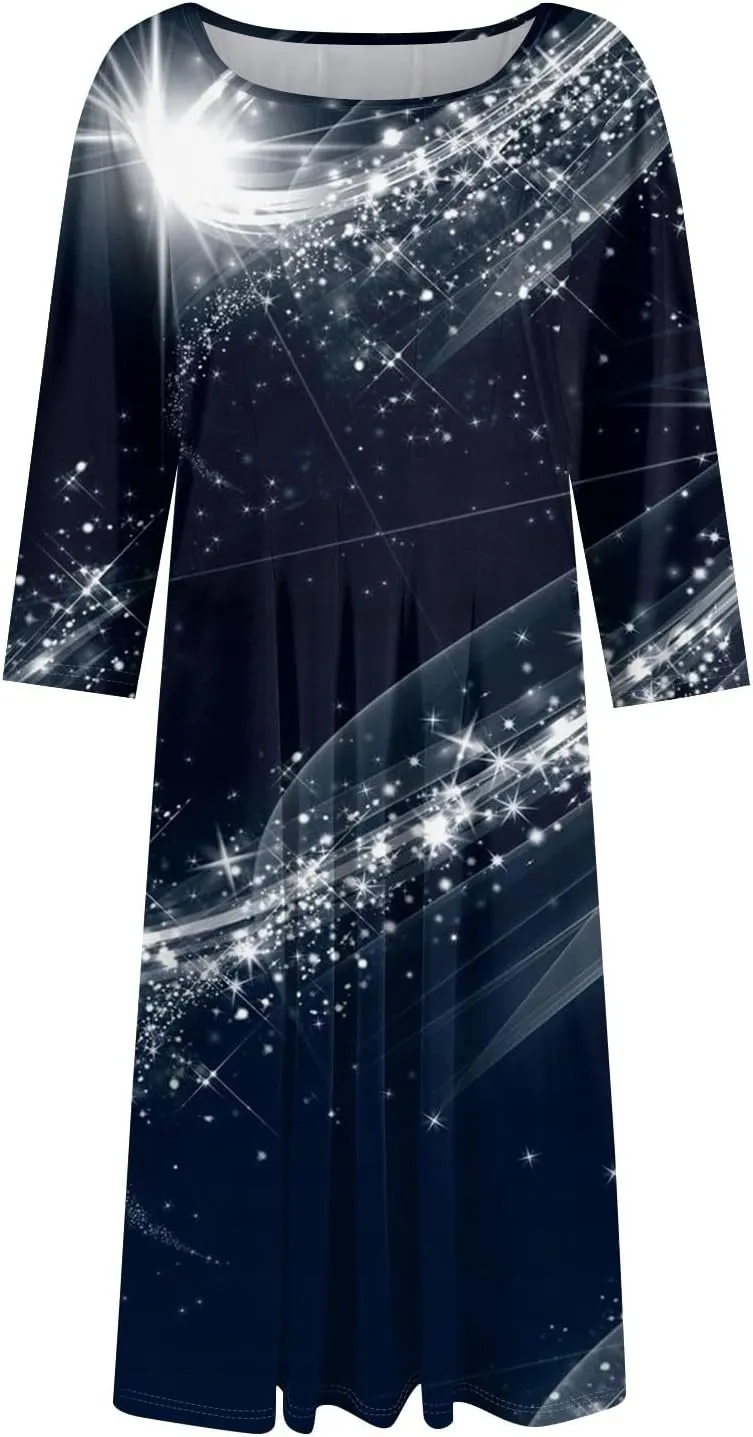 Spring Dresses for Women 2025 Elegant Boho Floral Sparkly Polka Dot Midi Sundresses Sexy 3/4 Sleeve A Line Vacation Dress