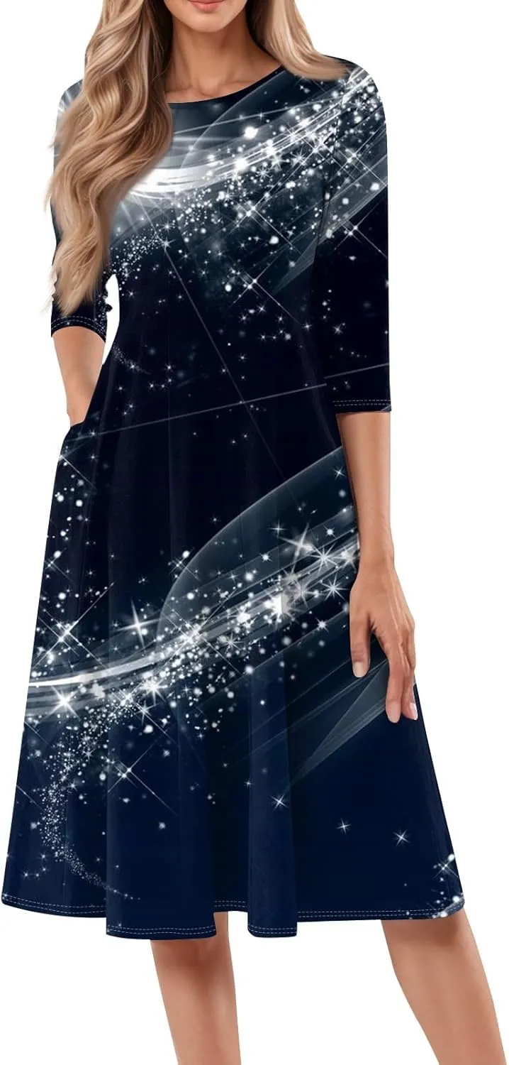 Spring Dresses for Women 2025 Elegant Boho Floral Sparkly Polka Dot Midi Sundresses Sexy 3/4 Sleeve A Line Vacation Dress