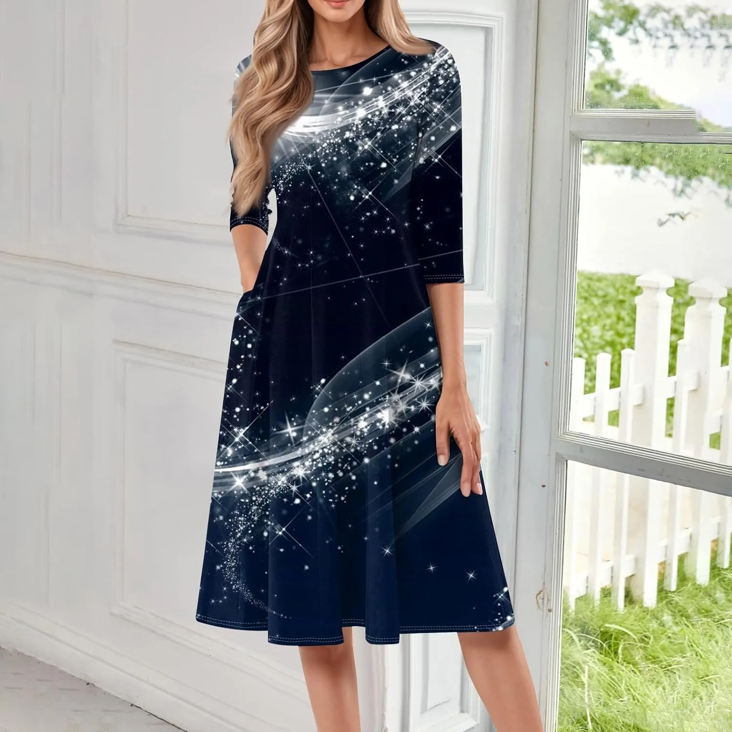 Spring Dresses for Women 2025 Elegant Boho Floral Sparkly Polka Dot Midi Sundresses Sexy 3/4 Sleeve A Line Vacation Dress