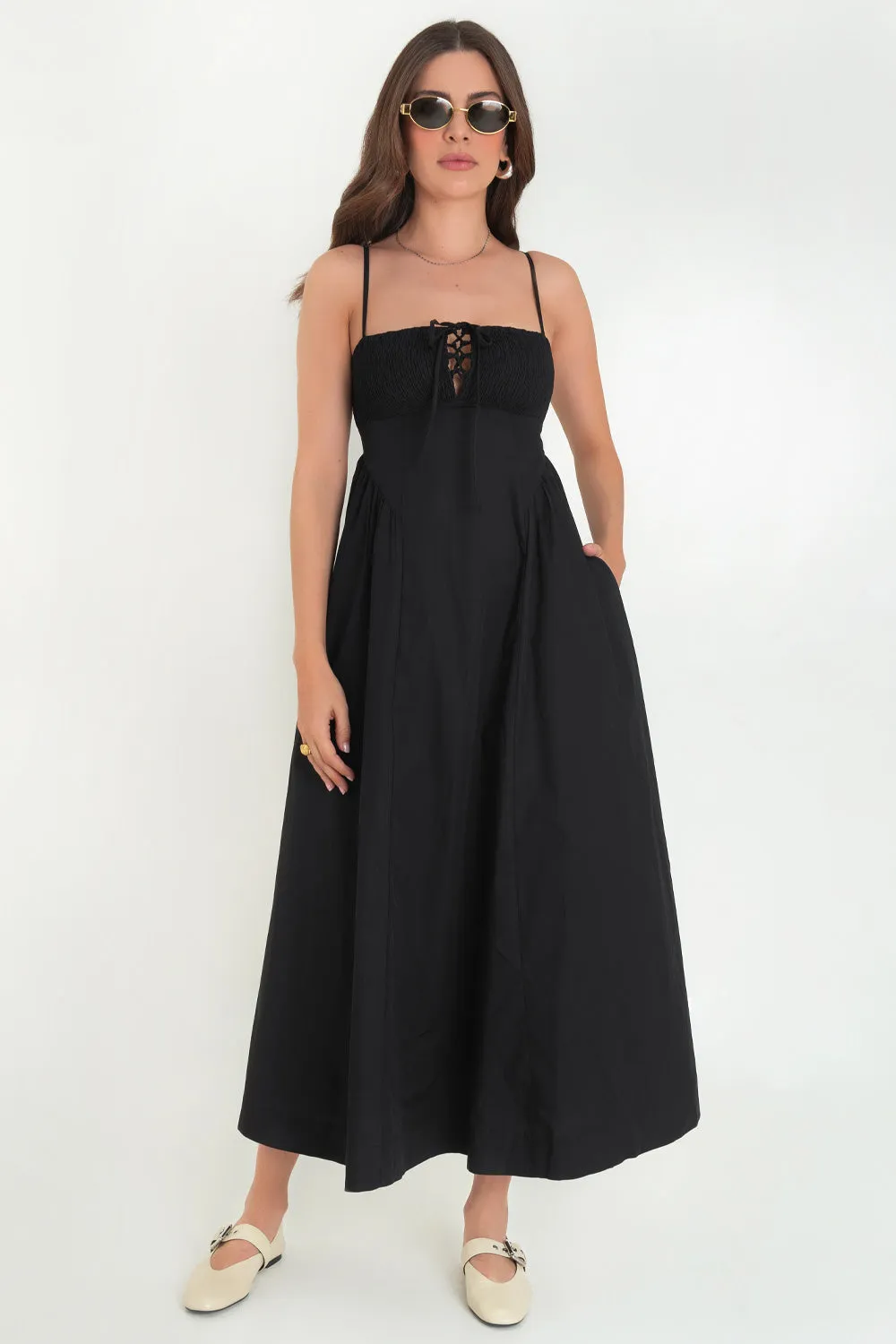Vestido maxi de tirantes escote fruncido con lazado