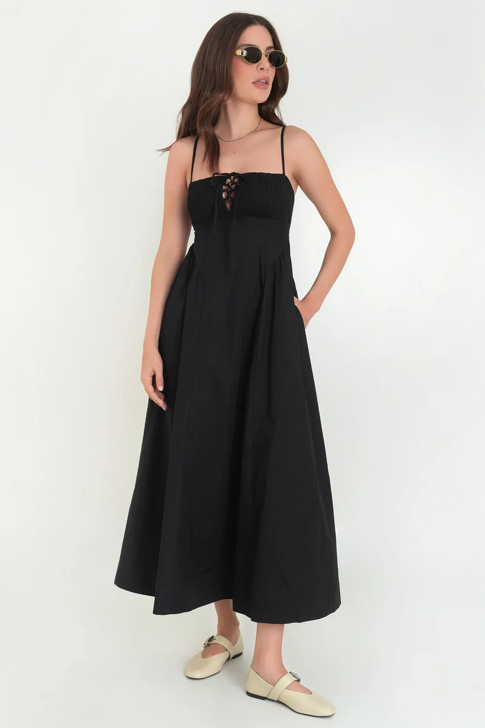 Vestido maxi de tirantes escote fruncido con lazado