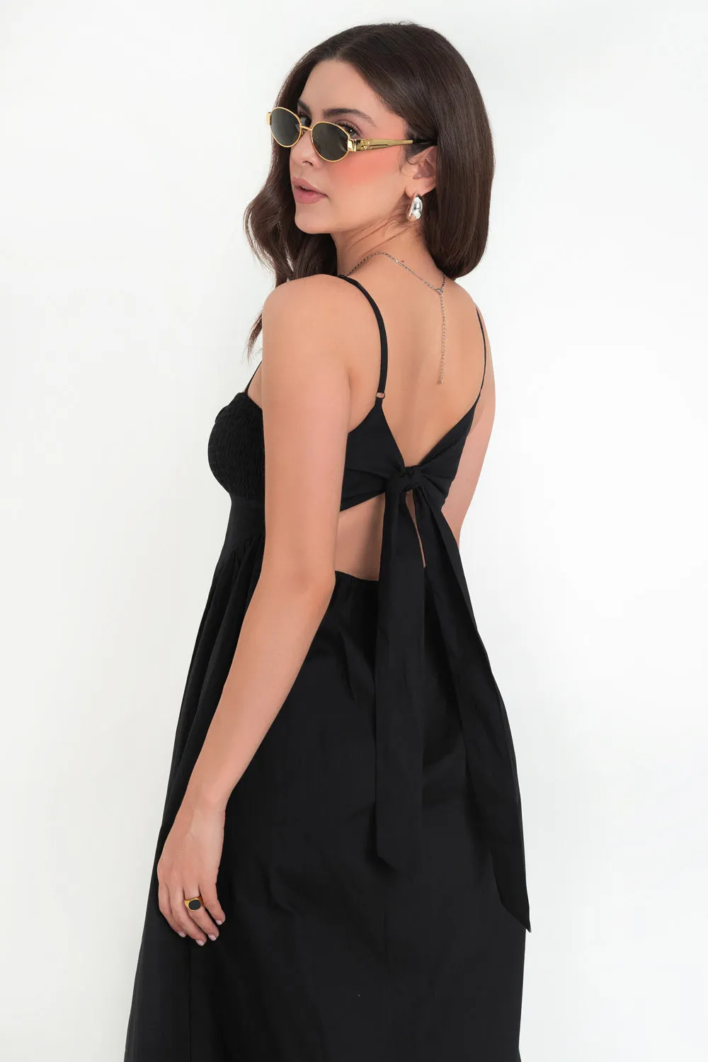 Vestido maxi de tirantes escote fruncido con lazado