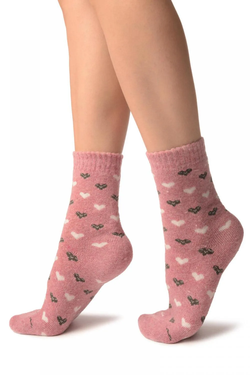 White & Grey Hearts On Pink Angora Ankle High Socks