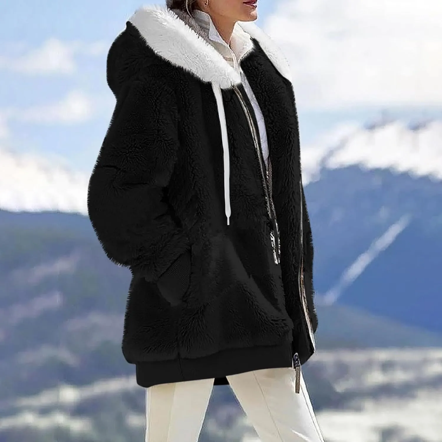 Winter Coats for Women Oversized Fuzzy Fleece Jacket Full Zip Plush Hooded Cardigan Coats Shaggy Warm Sherpa Jacket