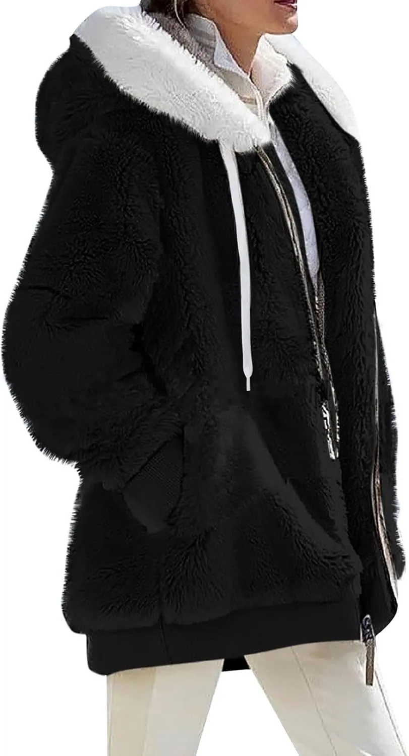 Winter Coats for Women Oversized Fuzzy Fleece Jacket Full Zip Plush Hooded Cardigan Coats Shaggy Warm Sherpa Jacket